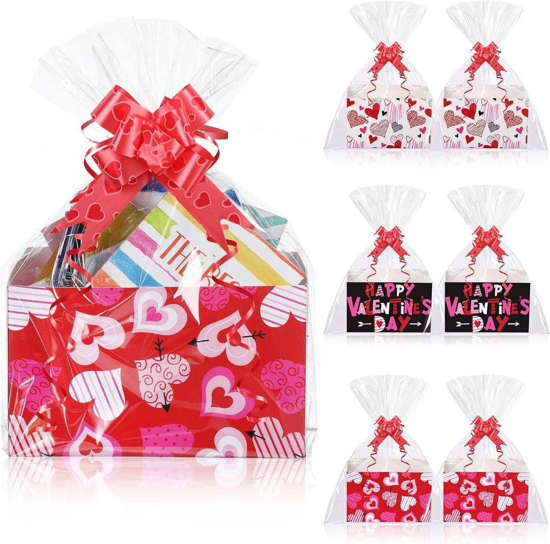 Tatuo 120 Pcs Valentines Day Baskets Gifts Empty Set Includes Valentines Empty Market Tray Cardboard Basket Clear Cellophane Bags Gift Tags Pull Bows for Wedding Holiday Birthday Party Supplies