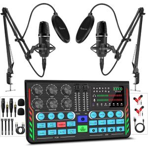 Podcast Equipment Bundle for 2, DJ Mixer with 3.5mm Diaphragm Condenser Microphone for Live Streaming, Podcast Recording,Gaming, Youtube, TikTok, PC, Smartphone