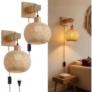 Woven Rattan Plug in Wall Sconce, 15 RGB Dimmable Boho Light, Wood