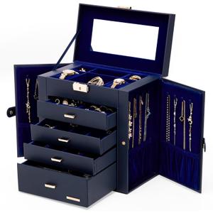 Homde Christmas Gifts Synthetic Leather Huge Jewelry Box Mirrored Watch Organizer Necklace Ring Earring Storage Lockable Gift Case (Dark Blue + Gold)