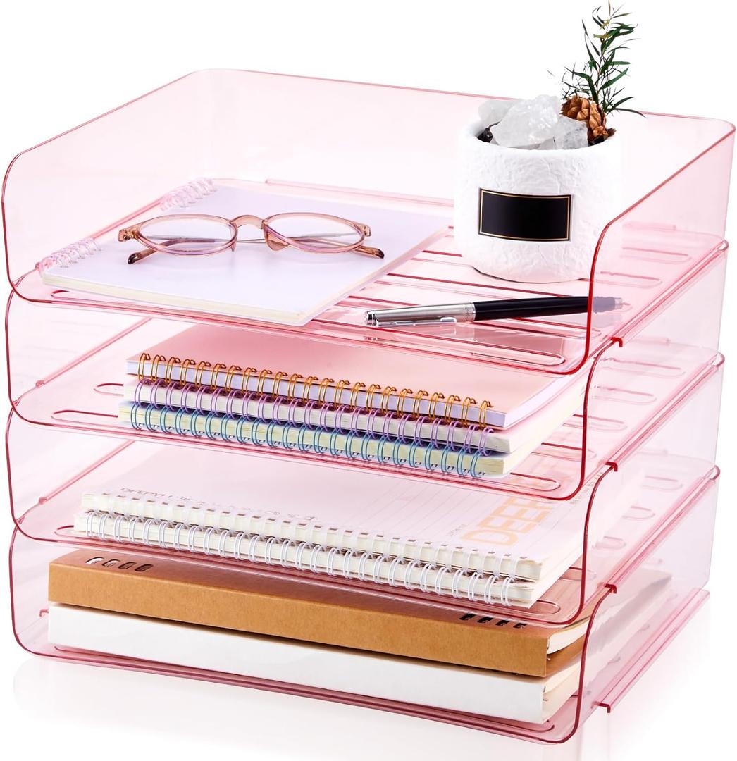 Harloon 4 Tier Pink Acrylic Paper Organizer 13 x 9.8 x 3 Inches Letter Tray Desk File Organizer Stackable Documents Clear Letter Paper Holder Office Tray for A4, Office Home File Desktop Storage