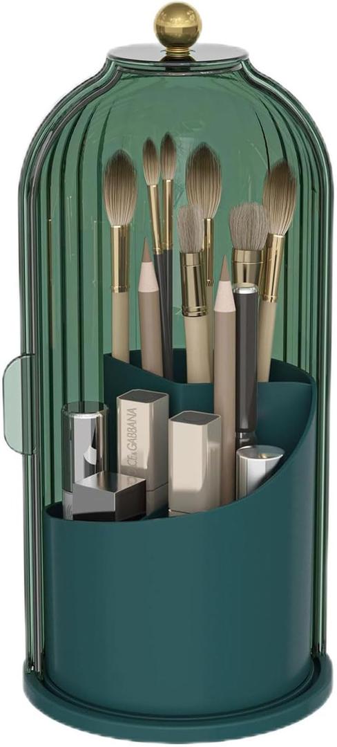 Emljkvp Makeup Brush Holder with Dustproof Cover 360 Rotating Makeup Brush Organizer for Vanity Bathroom, All Green
