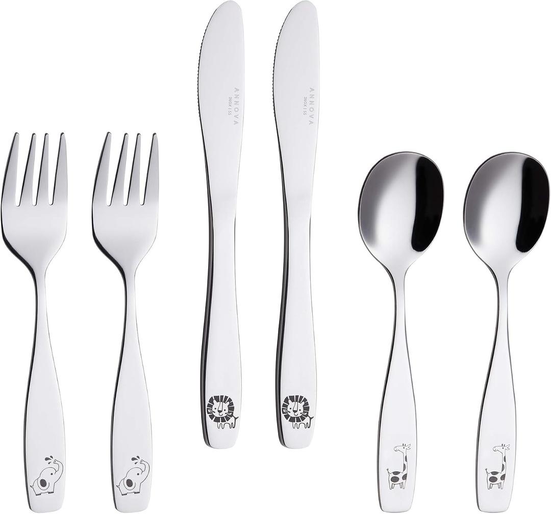 ANNOVA Kids Silverware 6 Pieces Children's Safe Flatware Set Stainless Steel - 2 x Safe Fork, 2 x Dinner Knife, 2 x Dinner Spoon, Toddler Utensils Safari, for Lunchbox (Elephant, Giraffe, Lion)
