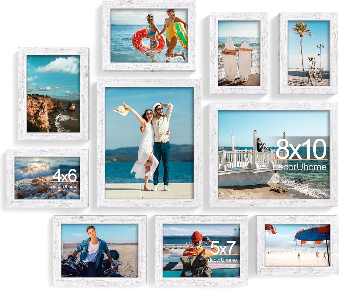 Decor Uhome Picture Frames Collage Wall Decor for Photo Gallery Display, Assorted Picture Frames set of 10 Including Two 8x10 / Four 5x7 / Four 4x6 for Family Wall Decor, Distressed White, 10 Pack