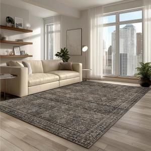 Washable 6x9 Area Rug for Living Room, Carpet for Bedroom Dining Room, Non Slip& Non-Shedding Resistant Low Pile Vintage Print Rug for Home Office (Brown)