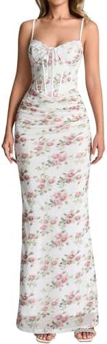 KUTUMAI Vintage Lace Corset Floral Maxi Long Dress Bodycon Ruched Tie Formal Wedding Guest Dresses for Women Elegant Size XS