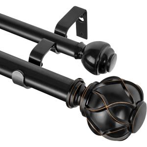 KAMANINA 1 Inch Double Curtain Rods 66 to 120 Inches (5.5-10 Feet) Telescoping Heavy Duty Drapery Rod for Windows 54 to 115, Netted Texture Finials, Black