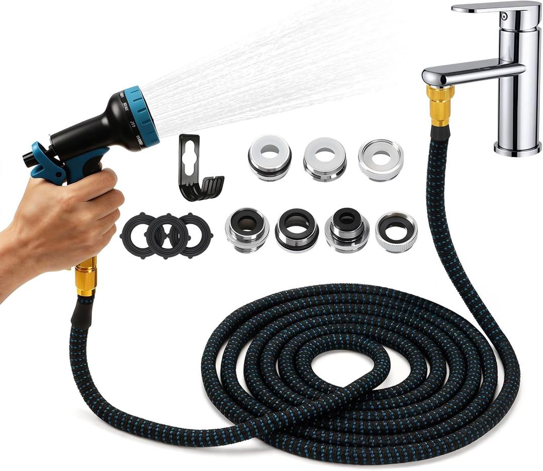 Indoor Sink Hose Attachment for Kitchen Sink or Bathroom Sink Faucet - (50FT) Sink Hose with 7 Adapters, Watering Houseplants, Dog Washing, Household Cleaning, Car Washing, 10-Function Nozzle