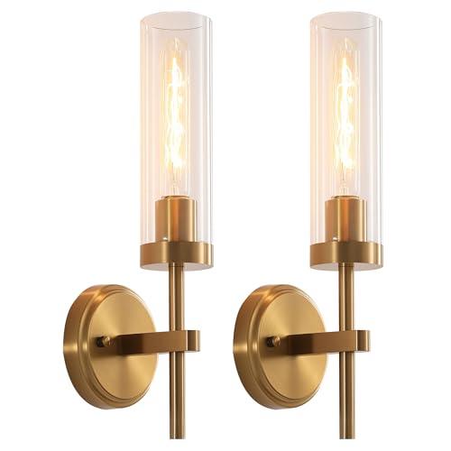 Wall Sconces Set of Two,Brass Gold Bathroom Sconces Wall Lighting with Clear Glass, Modern Sconces Wall Decor Set of 2 Wall Light fixtures for Bathroom Mirror Living Room Hallway Bedroom Wall Lamp