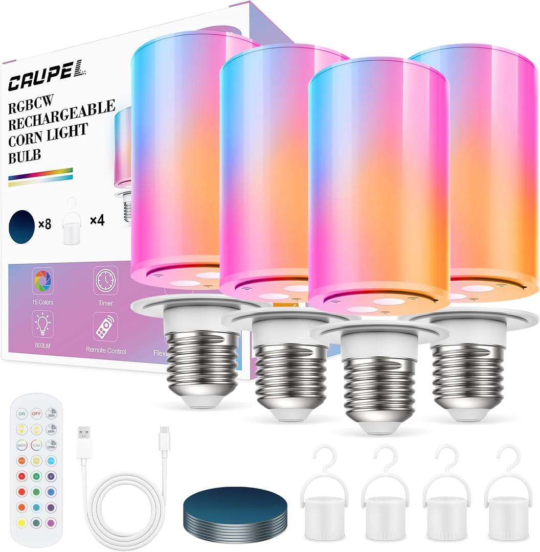 10000mAh Rechargeable Led Corn Light Bulb,Battery Operated Light Bulb with Remote Control, E26, 60W Equivalent, 800Lum, 3 Color Temperatures, 12 RGB, Emergency Lamp, 4PC