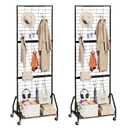 ELYKEN 2 Pack Foldable Grid Wall Panels 5.7' x 2' FT, Movable Wire Gridwall Display Rack with Wheels and Adjustable Foots, Retail Display Stand for Vendor with Storage (Rustic Brown)