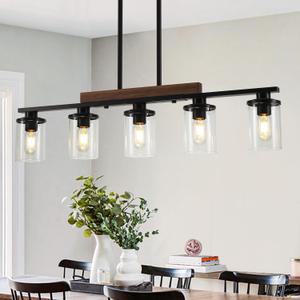 36.2 Kitchen Lighting, 5-Light Dining Room Light Fixture Chandelier Over Table, Black Modern Rustic Wood Ceiling Pendant Light Fixtures, with Clear Glass Shade, Farmhouse Chandelier