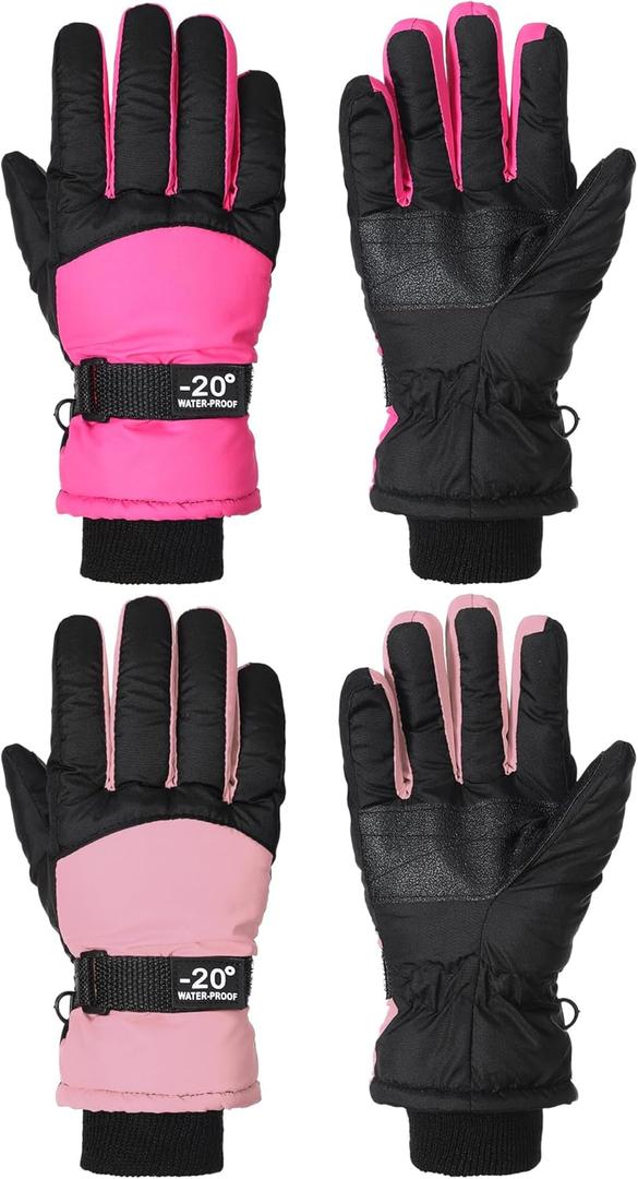 SATINIOR 2 Pairs Kids Waterproof Winter Snow Gloves Ski Gloves for Boy Girl Outdoor Warm Thickening Snowboar (10-15 Years, Light Pink, Rose Red)