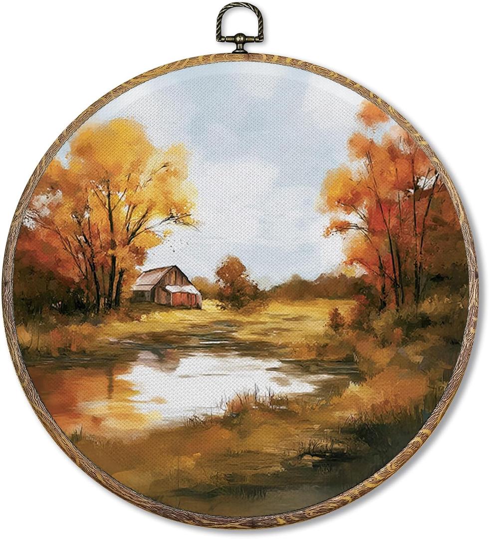 Sufamb Vintage Rustic Fall Round Wall Art Decor, Farmhouse Autumn Landscape Canvas Artwork Framed, Country Fall Wall Hanging Prints Decorations for Home Bedroom Living Room Decor, 10x10 Inches (lake)