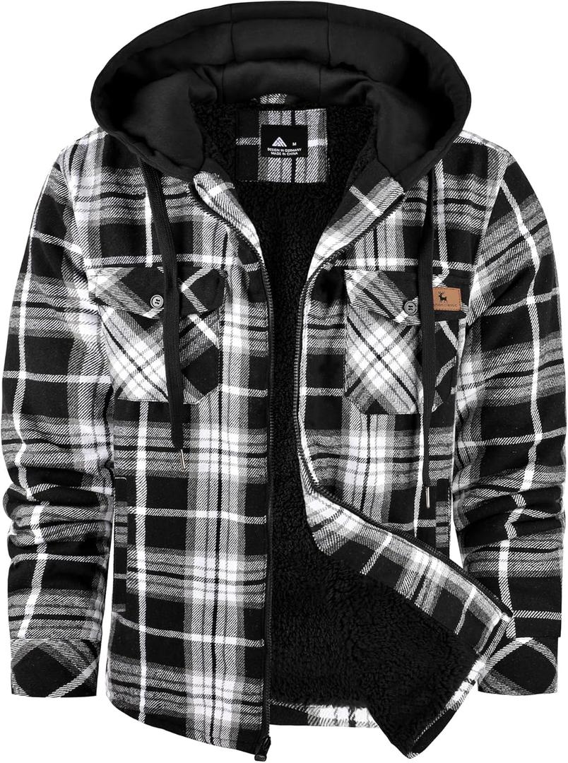 Men's Thick Fleece Plaid Jacket Flannel Shirts Sherpa Lined Full Zip Up Hoodie Winter Coat with Pockets (X-Large, Dark Black White)