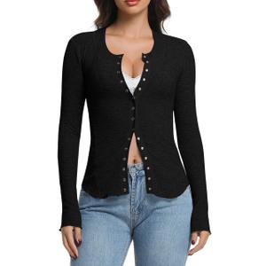 Abonlen Womens Cardigan Lightweight Waffle Knit Long Sleeve Button Down Shirts Fitted Going Out Tops (Black, L)