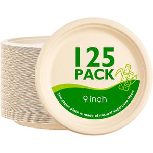 9 Inch 125 Pack Compostable Paper Plates, Biodegradable Heavy Duty Disposable Plates, Round Unbleached Brown Plates Made from Natural Sugarcane Fibers, for Party, Camping, Picnic