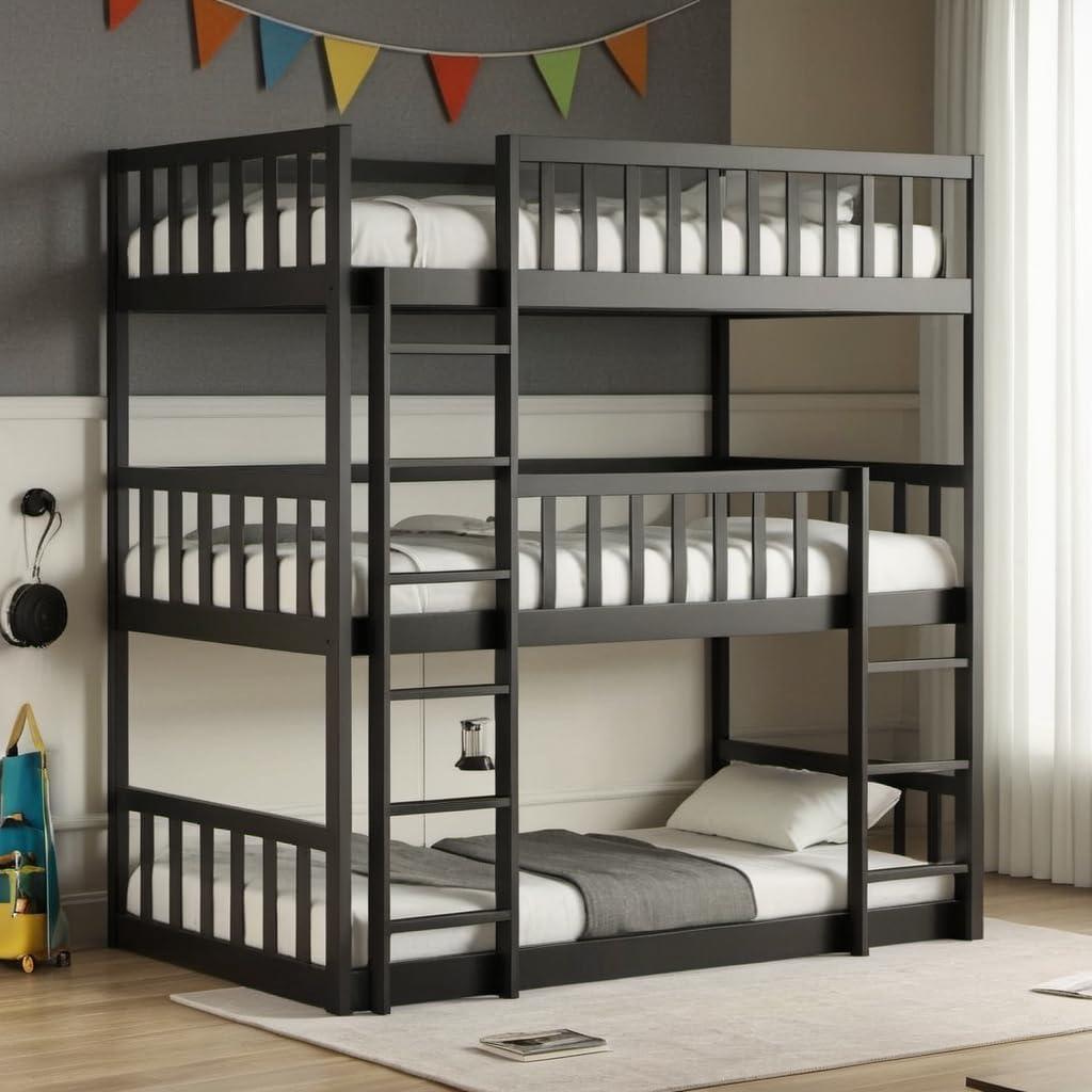 Twin Over Twin Over Twin Wood Bunkbeds with Ladder & Guardrails, Triple Bunk Bed w/Detachable Bunk Bed for Dorm, Bedroom,Guest Room,No Box Spring Needed,Easy Assembly, Black