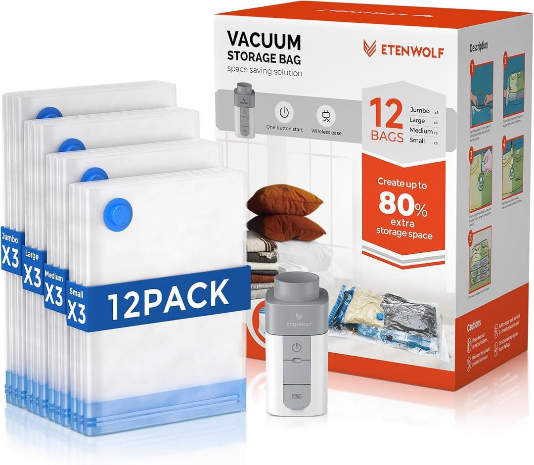 ETENWOLF 12 Pack Vacuum Storage Bags with Rechargeable Wireless Pump, Vacuum Seal Bags for Clothes and Travel, Space Saver Bags in Multiple Carry-On Sizes, Perfect for Luggage and Suitcases