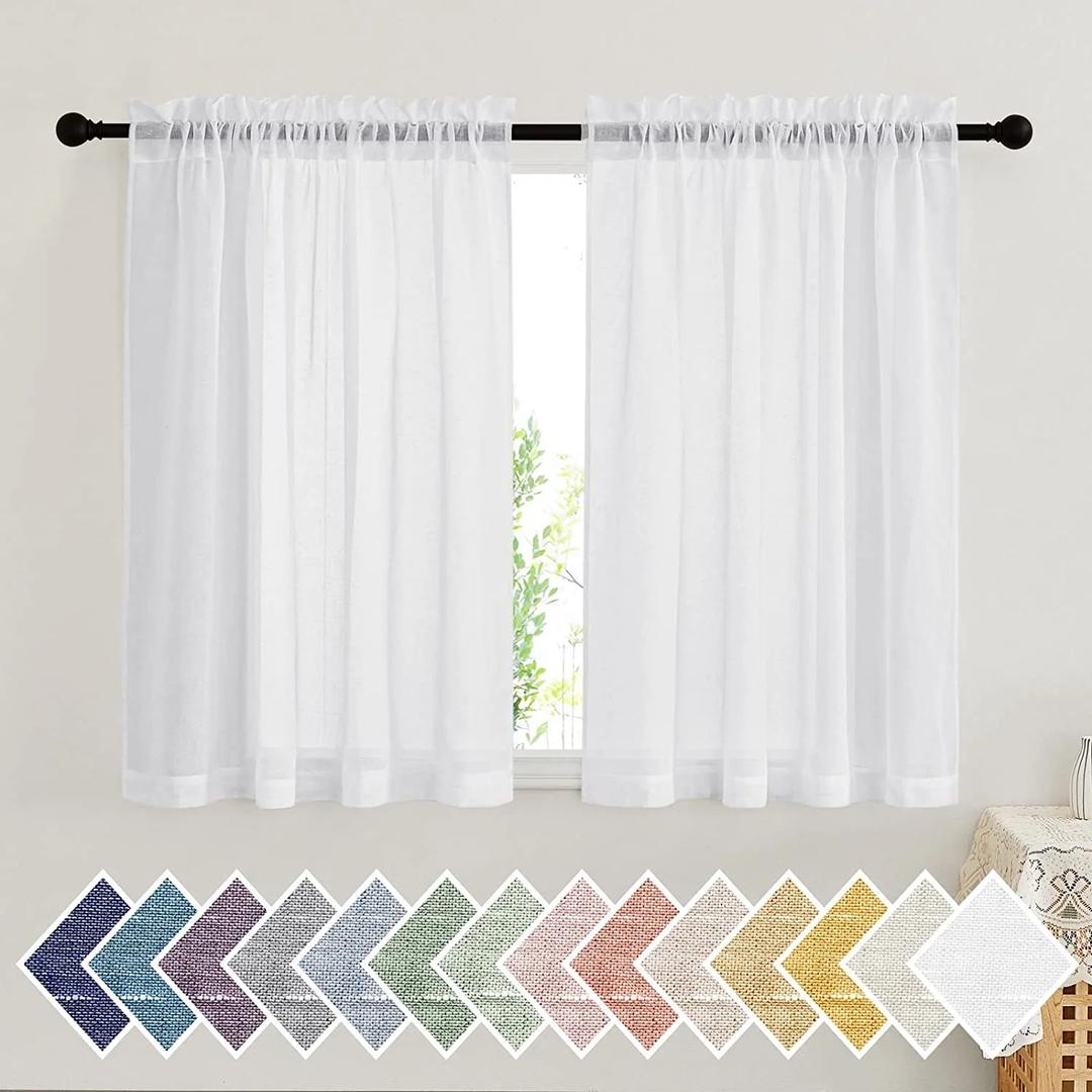Bathroom Window Curtains, Rod Pocket Semi Sheer Linen Drapes Short Small Curtains Privacy with Light Filtering for Kitchen/Nursery, White, W52 x 45", 2 Panels