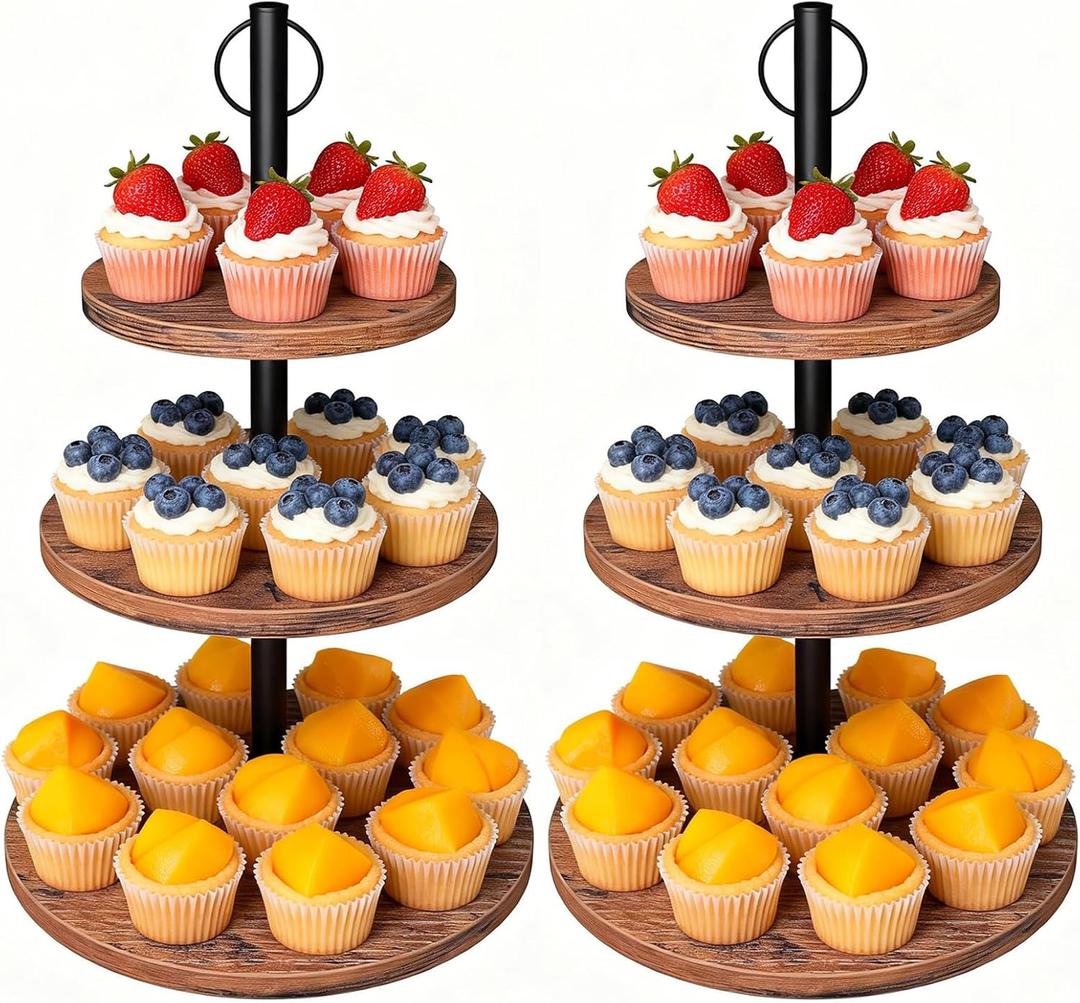 Cupcake Stand, 2 Pack Rustic Wood Cake Stand, 3 Tier Cupcake Tower Round Tiered Tray Stand for Dessert Table Display, Industrial Wooden Serving Stand Wedding, Graduation and Baby Shower