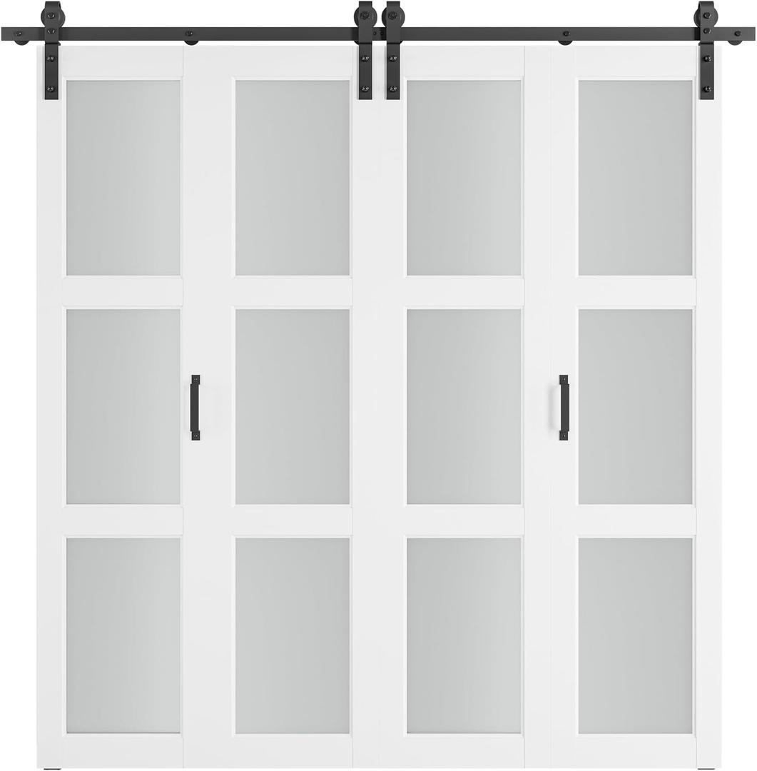 SMARTSTANDARD 80in x 84in Bifold Barn Door, Frosted Glass Barn Door with Hardware Kit Included, Pre-Drilled Holes Easy Assembly -Solid Barn Doors Slab Covered with Water-Proof PVC Surface, White