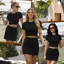 Neer Women's 2 Piece Skort Sets 95% Cotton Cropped Short Skirt Sets Round Neck Loose T Shirts Athletic Summer Casual Outfits (Black, S)