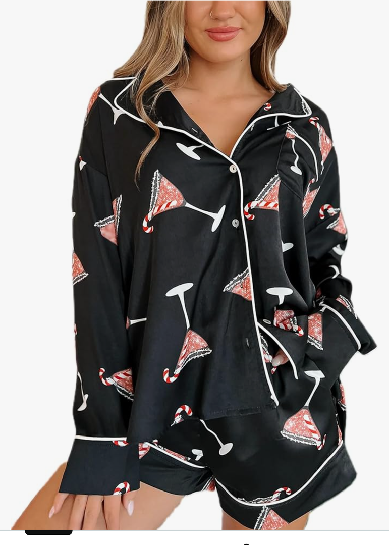 Women Christmas Pajamas Shorts Santa Claus Pjs Pants 1 Piece Xmas Jammies Loungewear, S, Black