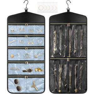 CHICECO Travel Jewelry Holder Organizer,Hanging Jewelry Organizer Storage with Zippered Pockets for Cloest,Jewelry Holder for Earrings, Necklaces (Blue Black)