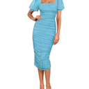 Women's Sexy Ruched Bodycon Midi Dress Puff Sleeve Square Neck Mesh Cocktail Party Wedding Dresses, S