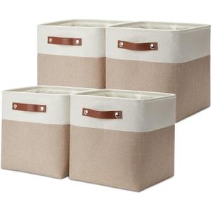 DULLEMELO 11 Inch Cube Storage Bins Fabric Storage Cubes 4 Pack Foldable Cube Storage Baskets for Cube Organizer, Cube Storage Organizer Bins for Home Office Organizer Closet, Shelves, Toy, Nursery (White&Grey)