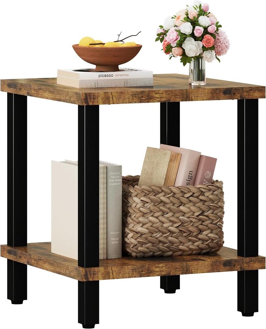 MMEOLUOOK Large End Table Square Side Table Modern Sofa Table 20 Inch Industrial Coffee Table NightStand with 2-Tier Storage Shelf for Living Room Bedroom Rustic Brown MLBZ06R, 19.68 Inches X 19.68 Inches X 22.83 Inches