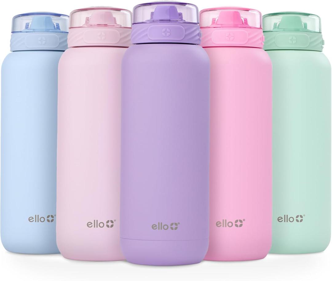 Ello Cooper 40oz Stainless Steel Water Bottle with Straw and Carry Handle, Double Walled and Vacuum Insulated Metal, Leak Proof Locking Lid with Soft Silicone Spout, Reusable, BPA Free, Lilac