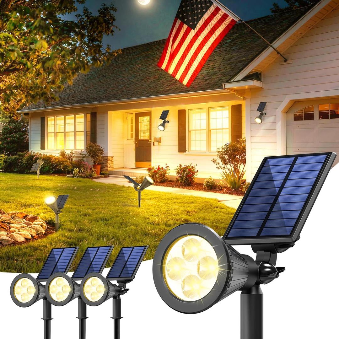 Solar Lights Outdoor Waterproof IP65,3000K Super Bright LED,2 Lighting Modes, Solar Powered Yard Garden Solar Spot Lights for Flag Landscape Auto On/Off-4 Pack