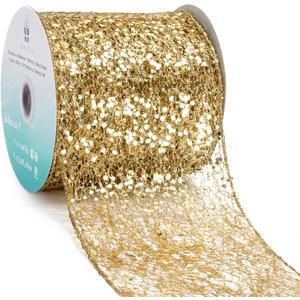 CT CRAFT LLC Sparkling Glitter Mesh Wired Ribbon 4" x 10 Yards Gold for Christmas Home Decor Bow Gift Wrapping DIY Crafts Wreath