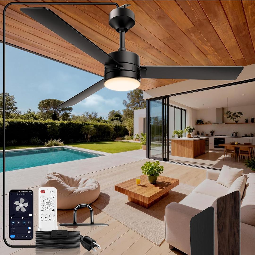 Outdoor Ceiling Fans with Lights,52 Inch Gazebo Hanging Fan with Hook,Plug in Ceiling Fan Light with Remote Control 6-Speeds DC Motor,3000-6500k,Hanging Fan for Gazebo,Balcony,Patios,Porch.
