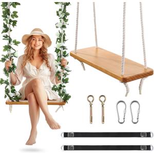 Wooden Tree Swing,Wooden Swing for Adults/Kids with 500lbs Load Capacity Waterproof Wooden Swing Seat Adjustable Hemp Rope Plus Tree Straps 100 inch for Indoor,Backyard,Garden,Playground (Flower)