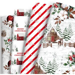 Vnaaem White Christmas Wrapping Paper Red Stripe Snowy Scene House Holiday Style Gift Wrap Paper Bulk for Winter Xmas Birthday Party - 20 X 28 Inches 8 Folded Sheets