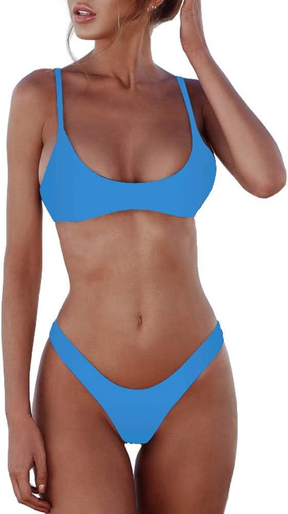 SherryDC Women's Solid Scoop Neck Push Up Padded Brazilian Thong Bikini Swimsuit Bathing Suit (Lake Blue)
