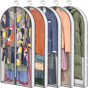 50" Garment Bags, Clear Plastic Clothes Covers with 4" Gussetes for Hanging Clothes Closet Storage, Breathable Protector for Long Coat, Jacket, Sweater, Shirts, Suits, Dress, 5 Packs White (50"x5pack)