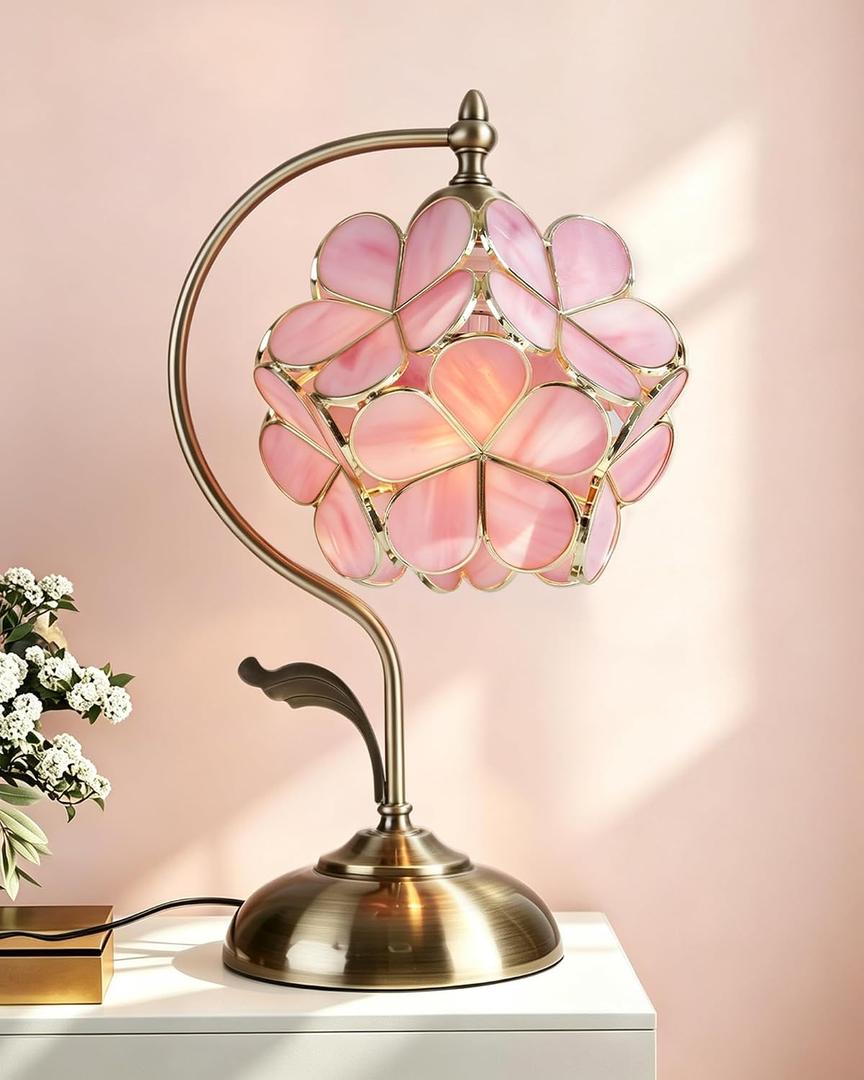 Tiffany Style Flower Table Lamp, Vintage Cherry Blossom Stained Glass Lamp with Brass Base for Bedroom Bedside Home Decor, Blush Coral (Pink)