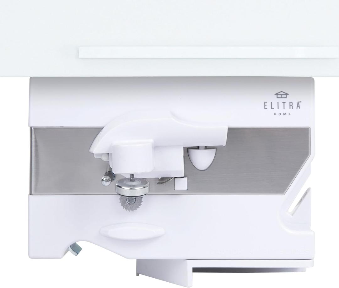 Electric Can Opener - 4 in 1 Under the Cabinet Mounted Can Opener, Blade Sharpener, Bottle Opener, Mounting Bracket for Seniors with Arthritis - Elitra Home (White)