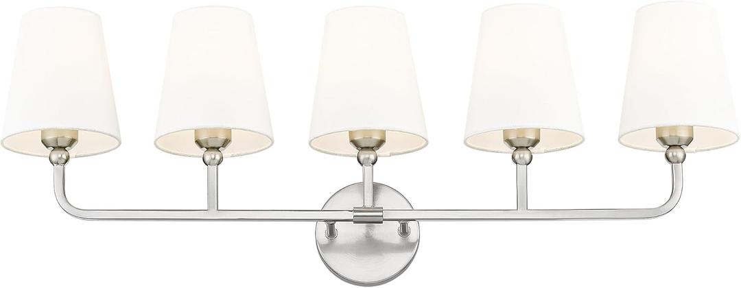 Bathroom Light Fixtures, 5 Light Brushed Nickel Vanity Lights with Flared White Fabric Shade, 35 Inch Wall Sconce, Modern Sconces Wall Lighting for Hallway Bedroom, VL837-BN-5