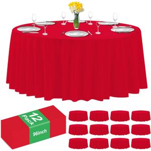 12 Pack Premium Red Plastic Table Cloth, 96 Inch Round Tablecloth, Disposable Tablecloth Plastic Table Cover for Parties, Red