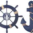 2 Pack 11" Nautical Beach Wooden Ship Wheel and 13" Wooden Anchor with Rope Nautical Boat Steering Wheel Rudder Anchor Wall Art Decor Door Hanging Ornament Beach Theme Home Decoration(Blue)