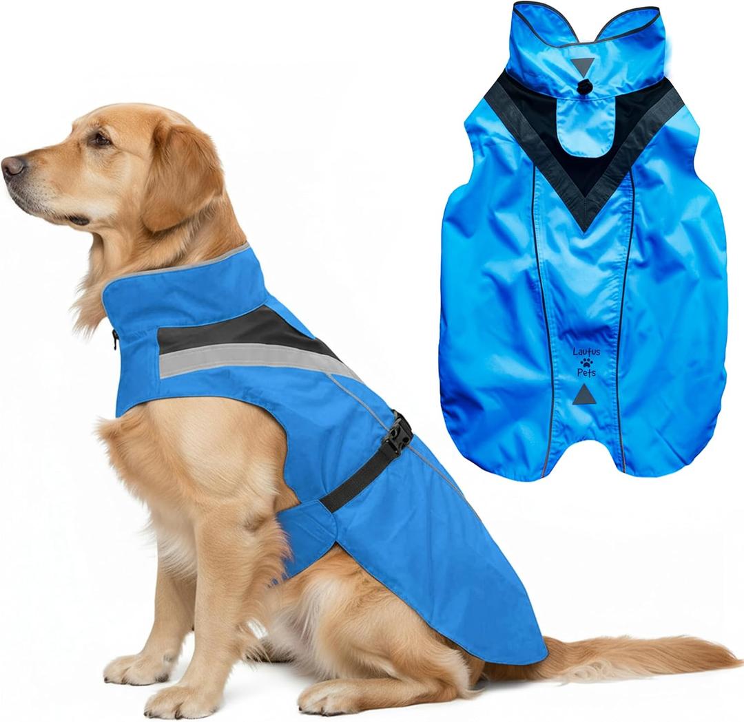 Waterproof Dog Rain Coat, Reflective Safety Strips & Leash Hole Lightweight Adjustable Jacket for Medium Breeds - L, Blue