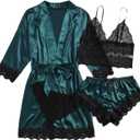 WDIRARA Women' Silk Satin Pajamas Set 4pcs Lingerie Floral Lace Cami Sleepwear with Robe (XX-Large, Green)