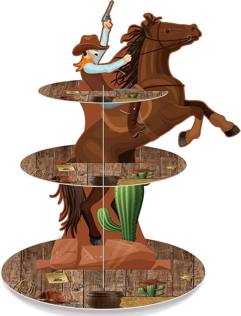 Zopeal Western Cowboy Horse Cupcake Stand, 3-Tier Western Theme Birthday Cupcake Holder, Cowboy Theme Cake Holder, Dessert Stand for Wild West Baby Shower, Birthday Party Supplies