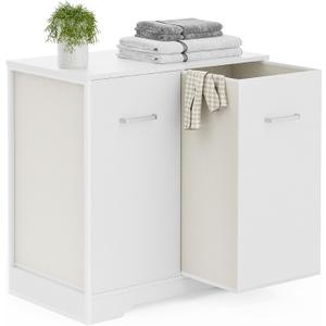 Double Pull-Out Laundry Hamper Cabinet; 90L Laundry Basket for Bathroom,Laundry Room; Laundry Sorter with 2 Pull-Out and Removable Bags (White)