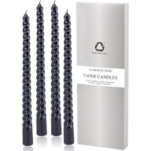 SEVEN LUCKY LIGHT 10 Inch Spiral Black Taper Candles Set of 4, Metallic Finish Dripless Candlesticks, 8+ hrs Smokeless Clean Burning for Halloween, Home, Dinner, Wedding & Church Decor